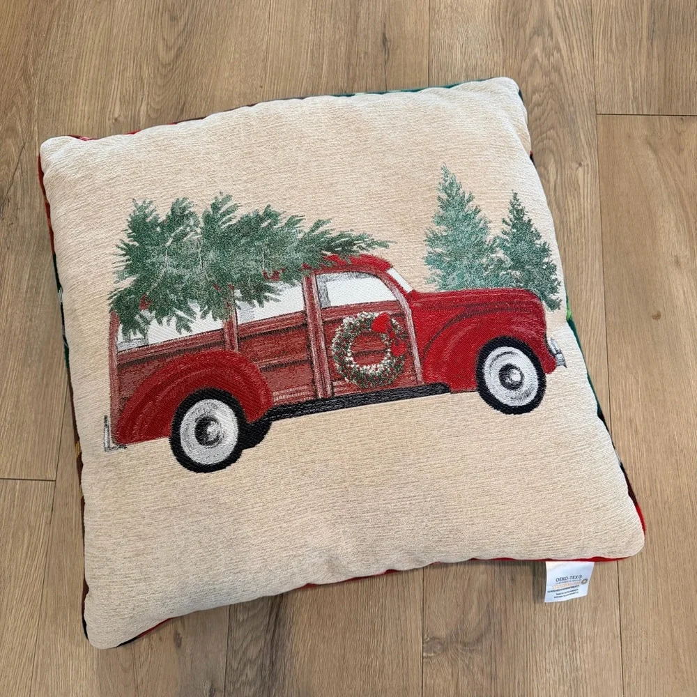 Christmas Red Truck Carrying Tree with Red Plaid Reversible Pillow 20